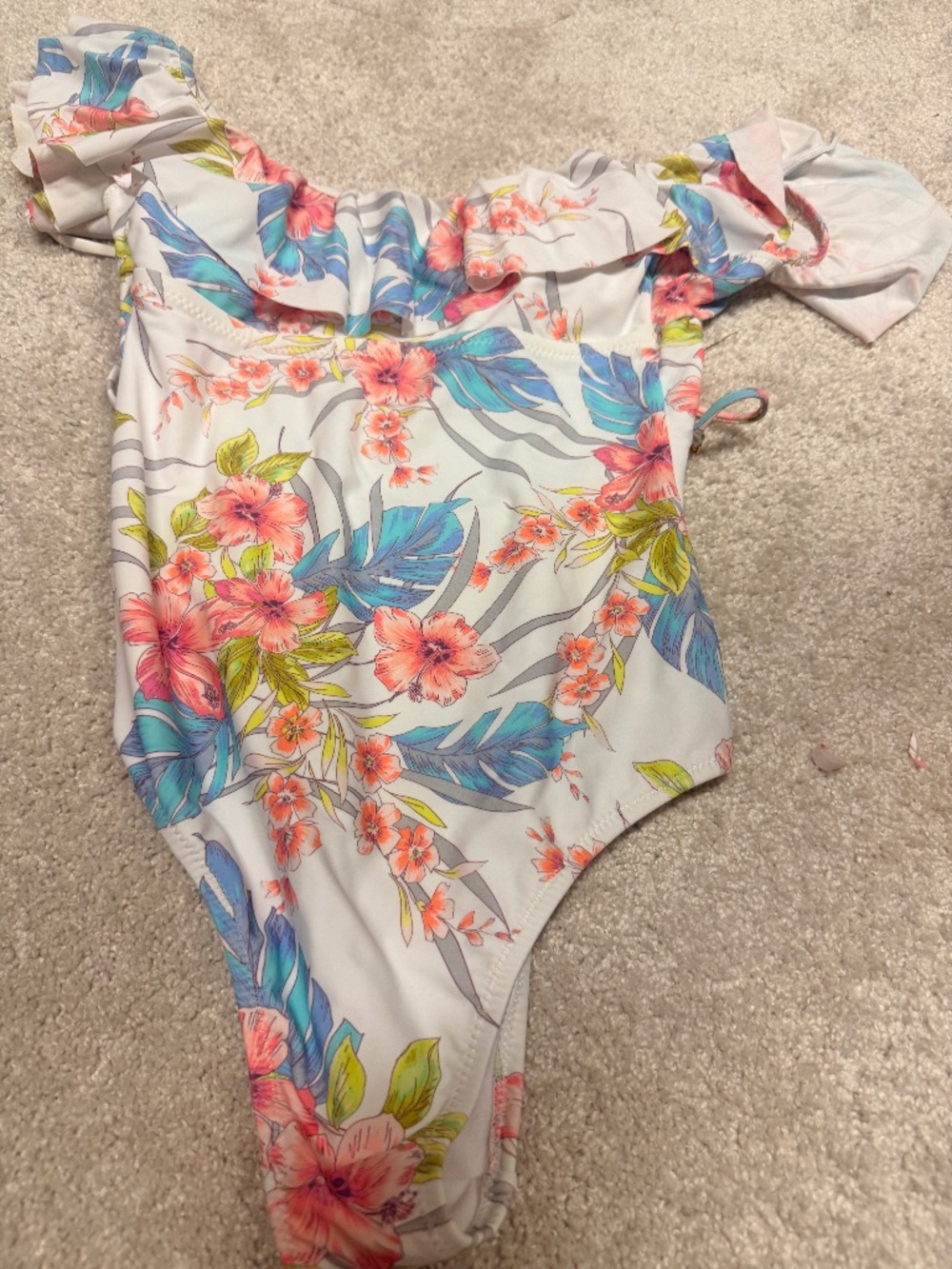 White and pink floral one piece with ruffle
